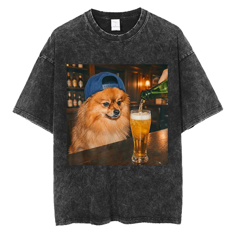 Border Collie Drinking Beer Funny Dog Meme Oversized T shirt 100 Cotton Vintage Washed Tshirt for men hiphop streetwear P935