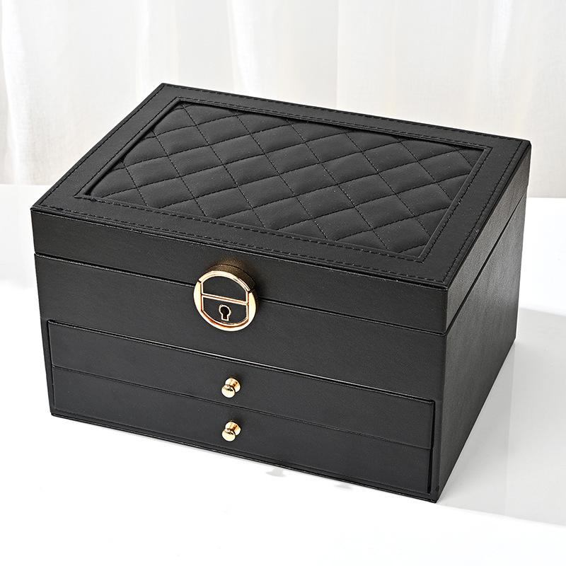Luxury Three-Layer Leather Jewelry Box with Lock & Drawer for Earrings