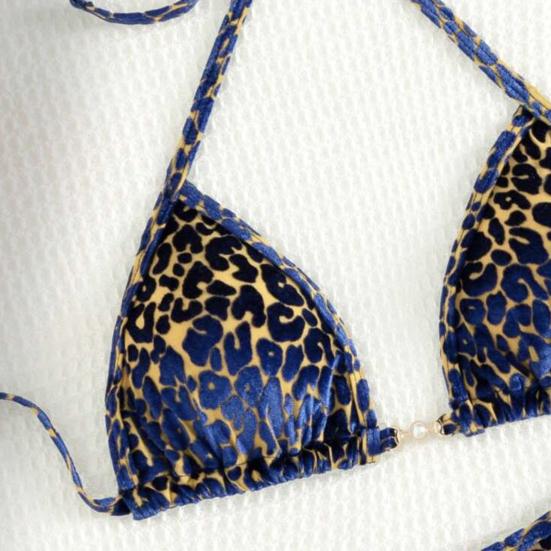 2Pcs/Set Women Sexy Bikini Set Leopard Print Halter Bra Faux Pearls Briefs