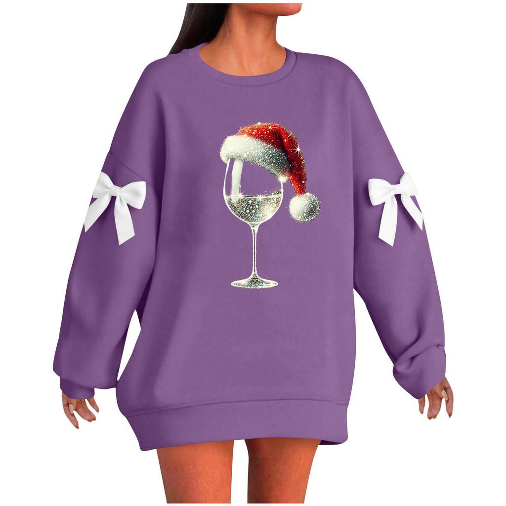 Ladies' Christmas Printed Bow Round Neck Long Sleeved Loose Pullover Sweater Sweatshirt Top