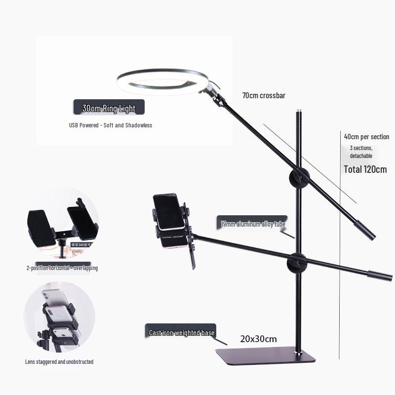 Cantilever Multi-Camera Floor Stand with Long Arm for Top-Down Shots & Multi-Platform Phone Holder in Mirror Live Streaming & Photography