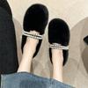 Fashion Luxury Pearl Design Mary Jane Shoes Winter Women Plush Furry Warm Shoes Ladies Fashion Shallow Comfortable Cotton Loafers Flats