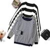 2023 Womens White Long Sleeve Striped Pullover Sweaters Winter Knit O-Neck Tops Korean Fashion Y2k Knitwears Jumper 28339
