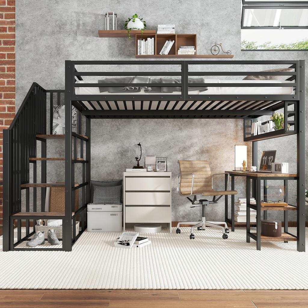 Iron Bed, Loft Bed, Stairs with Handrails, With Desk and Storage Shelf, Stable Slatted Frames, Iron + Chipboard, Black+Dark, 120x200cm