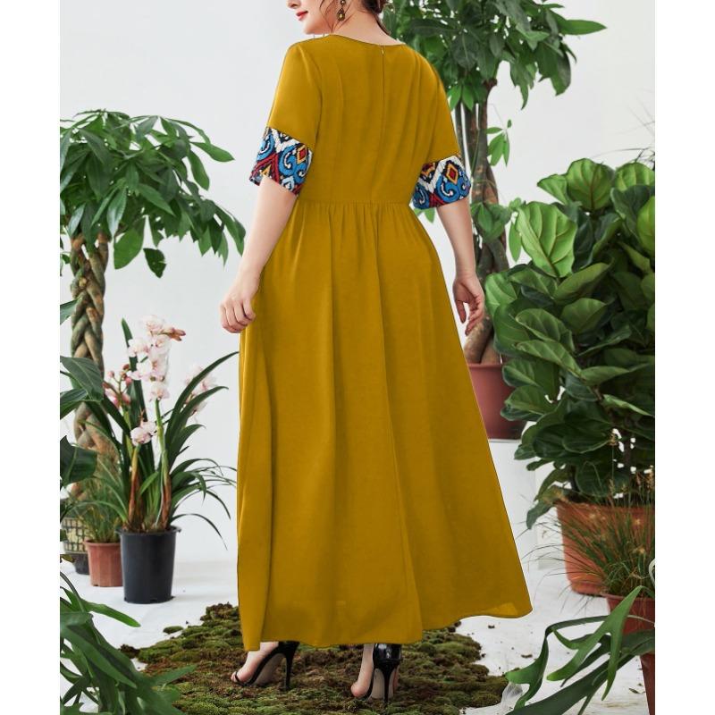 Plus Size Women's New Vintage Print Patchwork Elastic Waist Cover Belly Long Dress