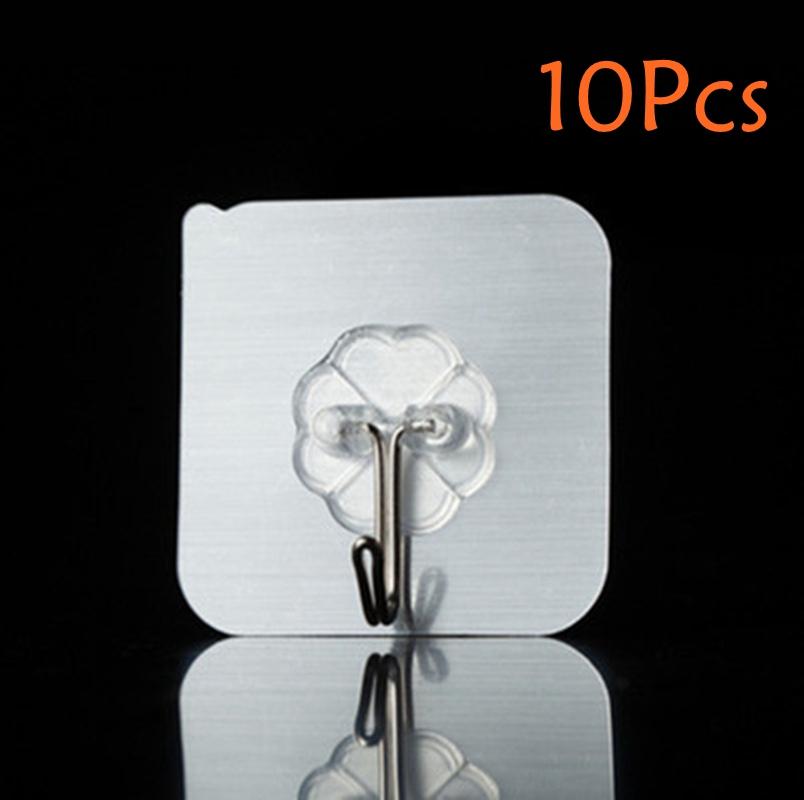 10Pcs Transparent Wall Hooks Waterproof Oilproof Self Adhesive Hooks Reusable Seamless Hanging Hook for Kitchen Bathroom Office
