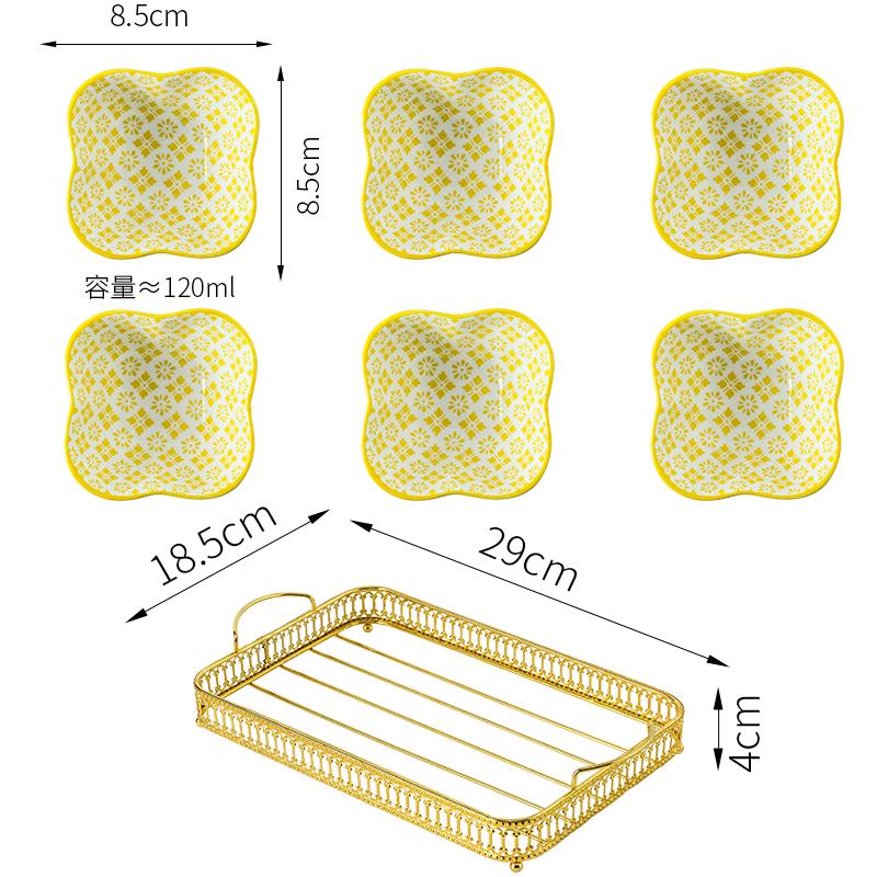Керамическая тарелка для закусок Чаша для закусок с металлической рамкой Закуски в японском стиле Блюдо для сухофруктов с золотым основанием Тарелка для фруктов Dim Sum