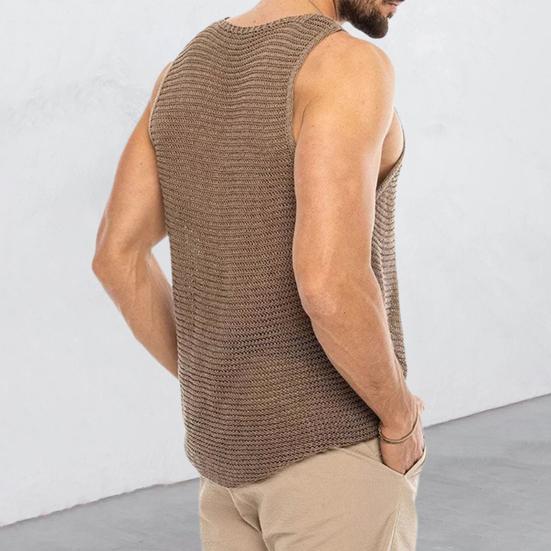 Men Summer Knitted Tops O-neck Sleeveless Solid Color Loose Fit Pullover Tops Stretchy Vest Streetwear