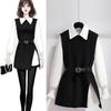 Women Fall Vintage Fat MM Long Sleeve White Pullover Blouse Knit Vest Two Pieces Set