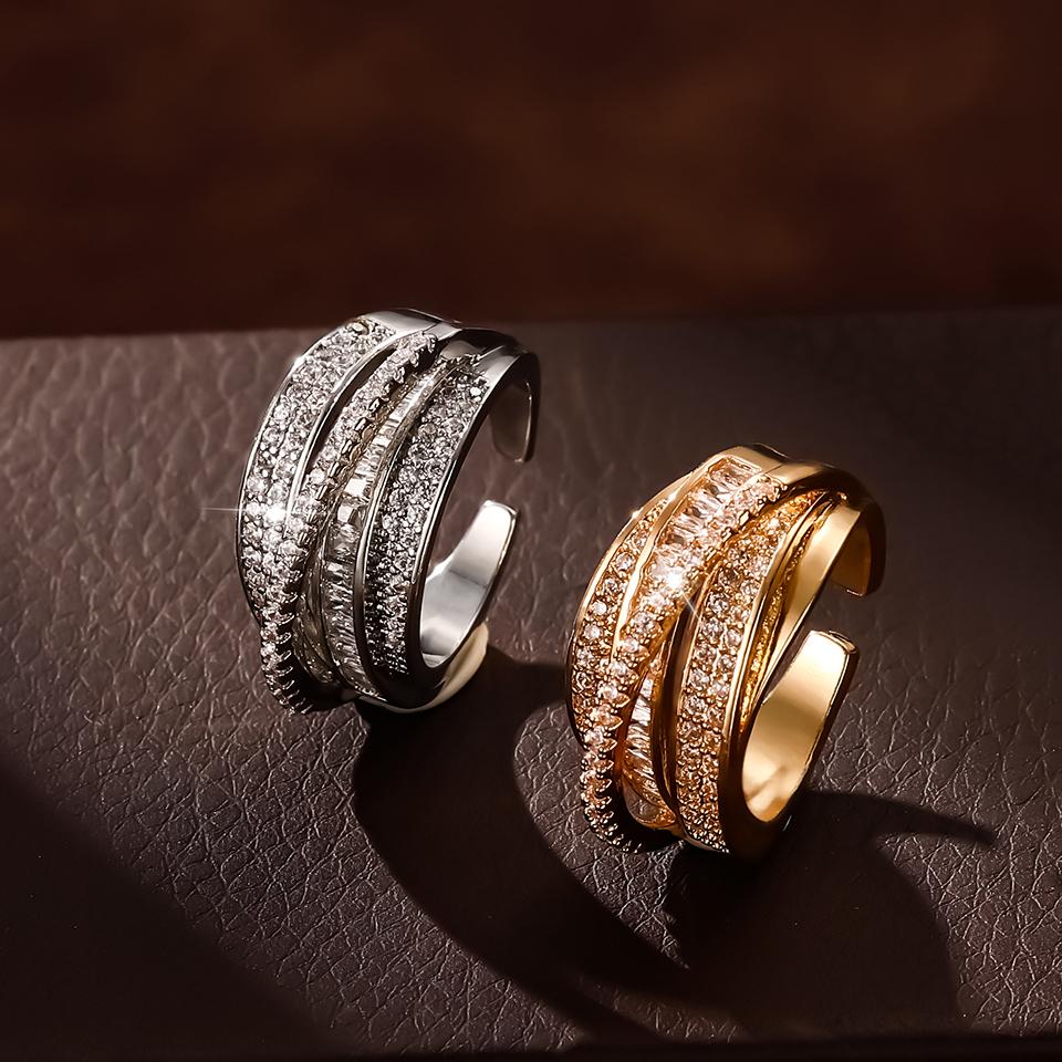 Htpwe Copper Metal Inlaid Zirconium Multi-layer Star Ring Opening Ring Women's Plated 18k Gold Couple Holiday Gift Ring Zircon