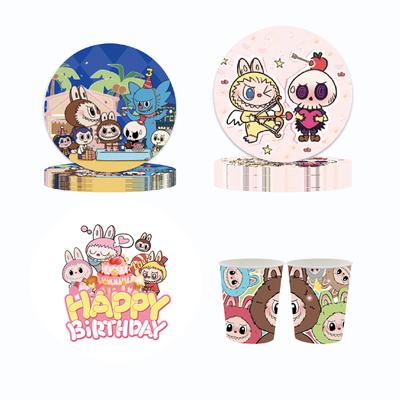 Лабубу Тематическая вечеринка в честь дня рождения Оформление Фон Воздушный шар Обеденная тарелка Бумажная салфетка Стакан Флажок