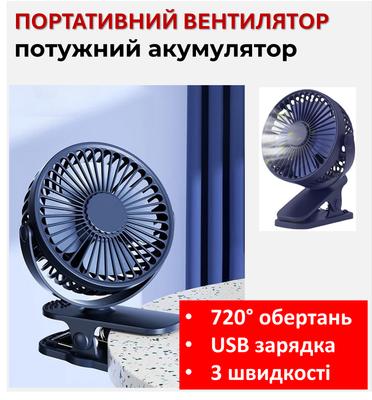 Портативный мини-вентилятор с мощным аккумулятором| USB, 3 скорости | 720° ручная регулировка | С зажимом