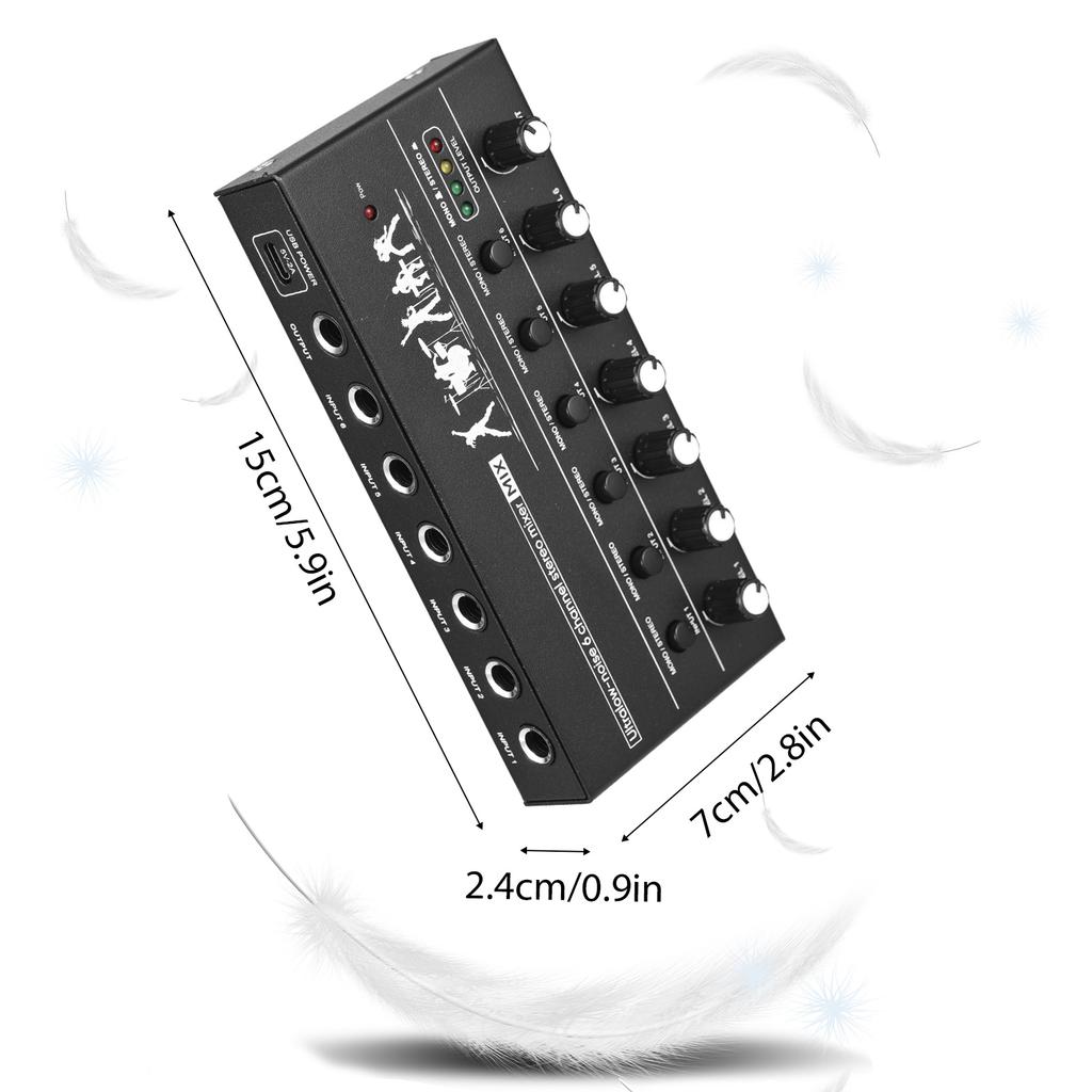 6-канальный аудиомикшер, стереолинейный микшер, металлический корпус, источник питания USB Type-C для гитары, баса