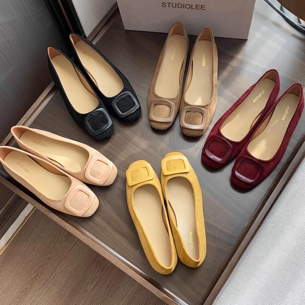 Sheepskin version~ Grape mother same temperament round head square buckle light mouth suede commuting versatile comfortable single shoes women