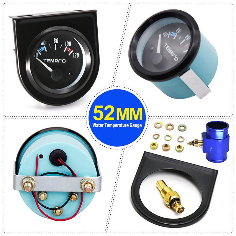52mm Car Water Temp Gauge 40~120 ℃ With Water Temp Sensor 10mm Water Temp Joint Pipe Sensor Adapter 1/8NPT 26mm-40mm