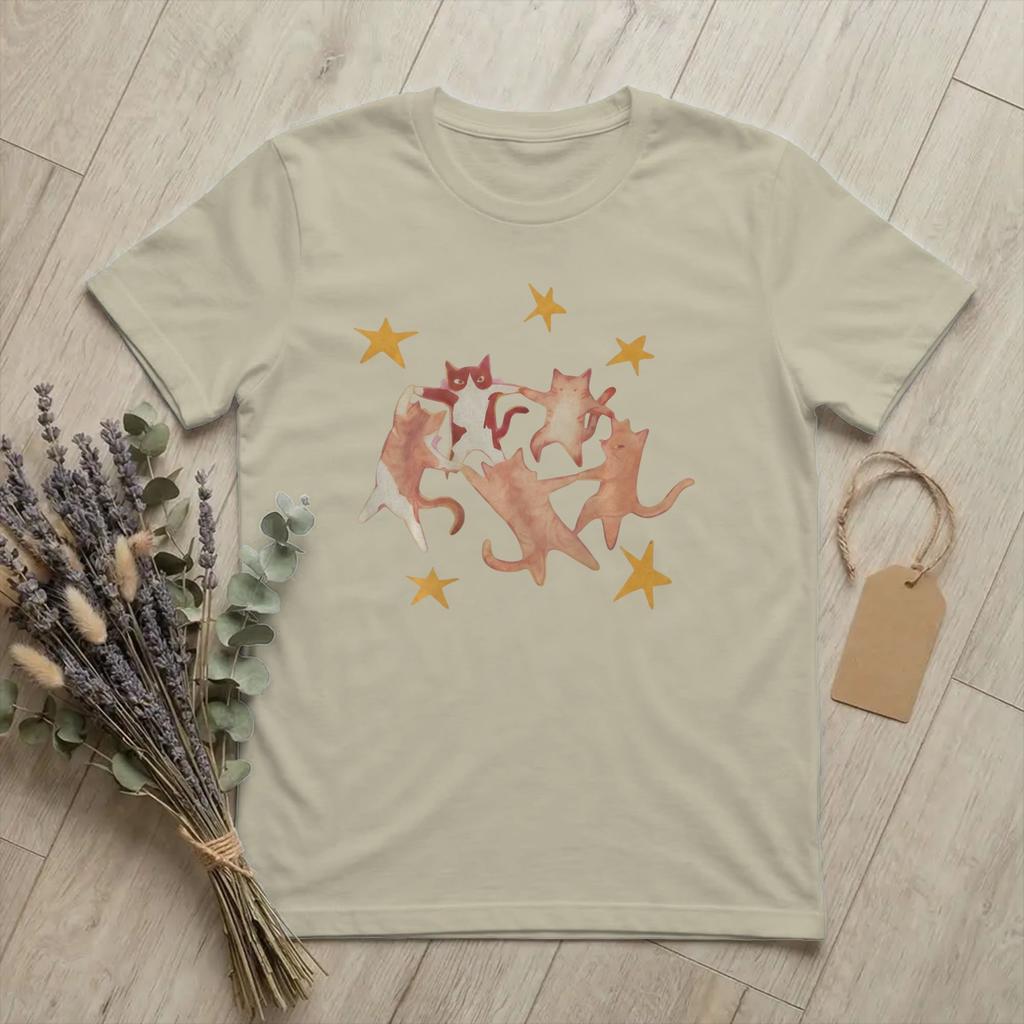 Vintage Starry Dancing Cats in A Circle TShirts Unisex Crewneck Pure Cotton T Shirts Celestial Short Sleeve Tees Adult merch
