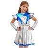 Girls Alien Cosplay Costume - Shimmering PU Patchwork Dress with Cap Sleeve & Arm Sleeve for Halloween Party