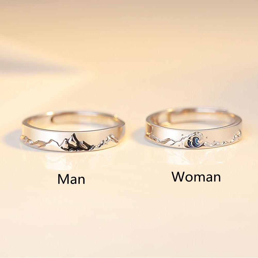Weddings Valentine's Day Present Couple Rings Adjustable Mountain and Sea S925 Silver Plated