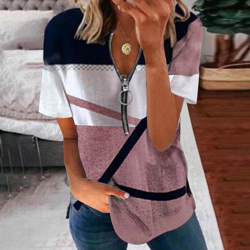 Женская летняя повседневная свободная футболка с коротким рукавом и V-образным вырезом на молнии с принтом