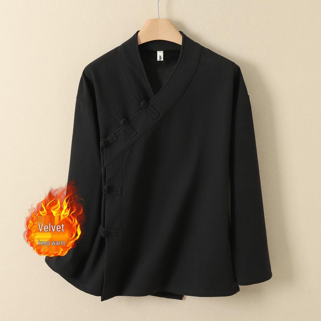 Women's Autumn/Winter Cotton Linen Hanfu: Velvet-Lined Chinese Style Long Sleeve Cardigan Monk Robe for Tea Ceremony