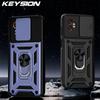 KEYSION Противоударный чехол для Samsung XCover7 Pro 5G со сдвижной защитой объектива камеры, кольцом-подставкой, задняя крышка для телефона Galaxy XCover 7