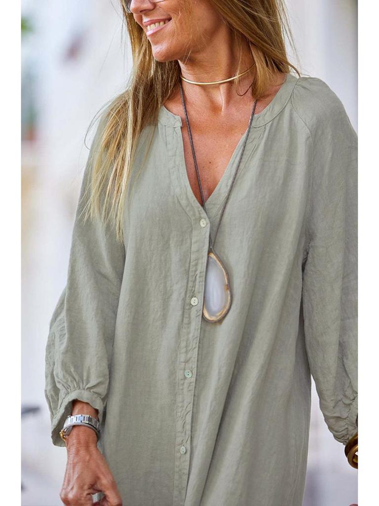 2025 Summer Women's V-neck Cotton Linen Dress: Casual European & American Vacation Style