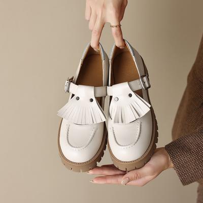 Модная женская новая весенне-осенняя обувь Мэри Джейн на толстой подошве с круглым носком, металлической пряжкой ремня и кисточками, на среднем каблуке, больших размеров