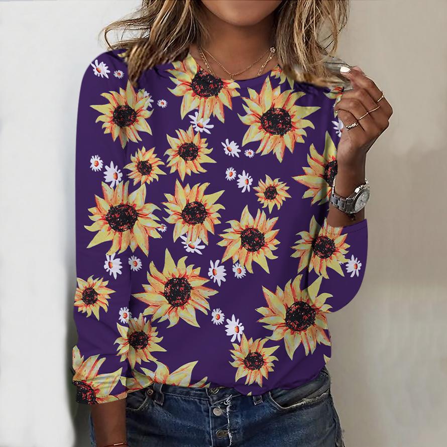 Tops For Women Sunflowers and Chrysanthemums Print Round Neck Long Sleeve T-shirt Fall Casual Slim Pullover Women's Long Sleeve Top