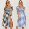 Женское платье весна-лето с разрезом, квадратным воротником и короткими рукавами в клетку