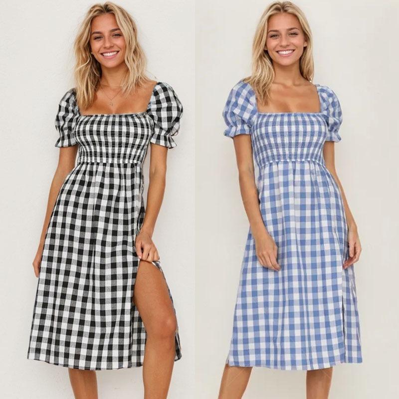Женское платье весна-лето с разрезом, квадратным воротником и короткими рукавами в клетку