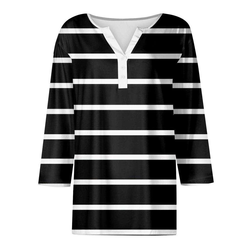 Women's Fashion Casual Striped Print V-Neck Decorative Button Three-quarter Sleeve T-Shirt Top