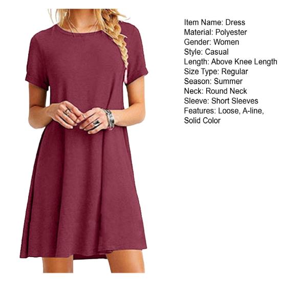 Summer Mini Dress Short Sleeves A-line Round Neck Solid Color Above Knee Length Simple Style Short Dress Dating Beach Party Dress