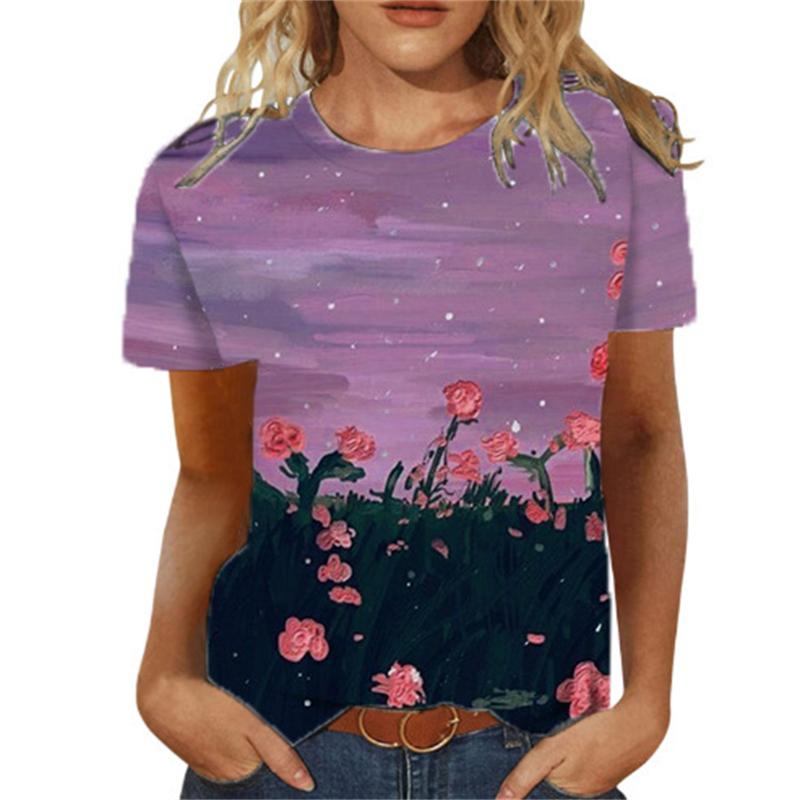 Летняя женская футболка с цветочным 3d принтом, женские модные футболки с цветочным узором, новые эстетические топы, футболка большого размера для девочек