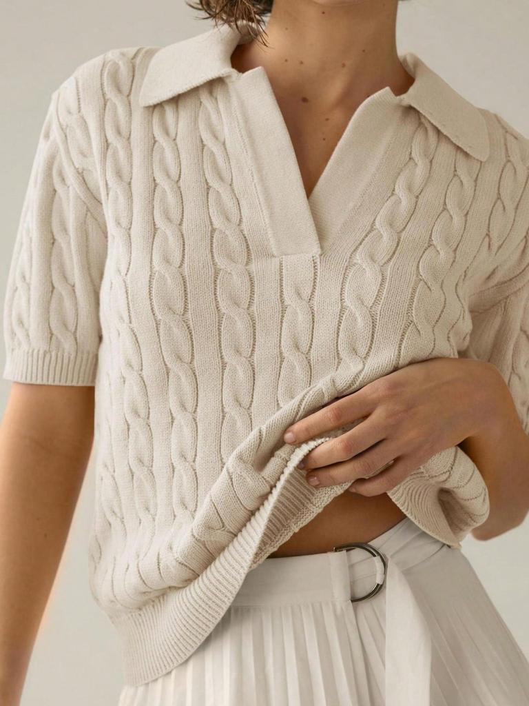 Women's Cable Knit V Neck Short Sleeve Pullover Sweater Solid Lapel Detail Casual Top