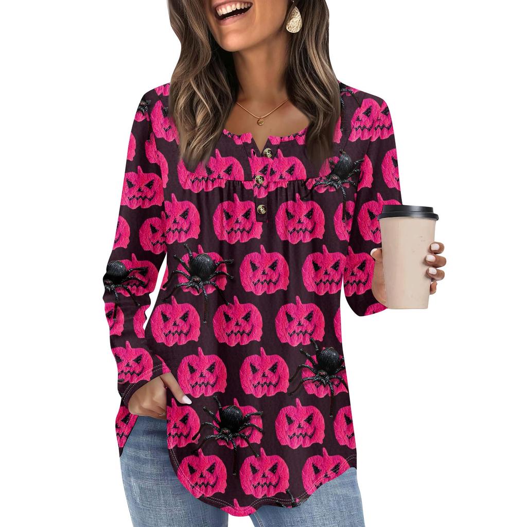 Женская туника с длинным рукавом, свободные топы, повседневные топы оверсайз, плиссированная туника, застегивающаяся на пуговицы, повседневные женские топы с принтом