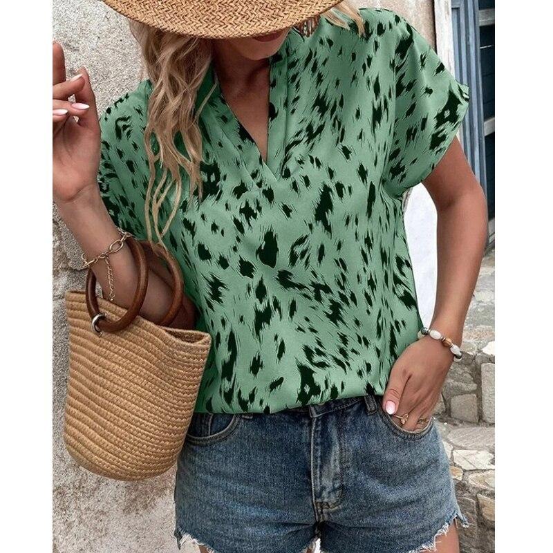 V Neck Fashion Leopard Print Women Tops Vintage Short Sleeve Blouse Loose Lady Shirts Office Casual Clothes Blusas Mujer 25584