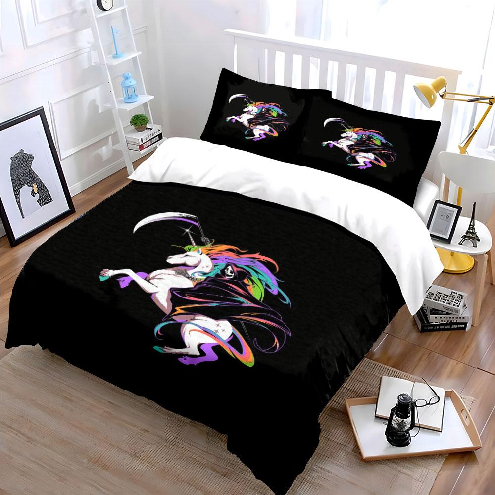 Rainbow Unicorn Grim Reaper Poster Set Bedding Set with 1 Duvet Cover 2 Pillowcases Single Double King Queen, Gift