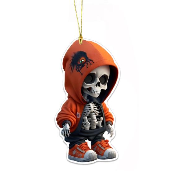 Halloween Car Ornament Cool Skeleton Acrylic Car Rearview Mirror Charm 2D Flat Skull Hanging Pendant for Car Interior Backpack Accessory