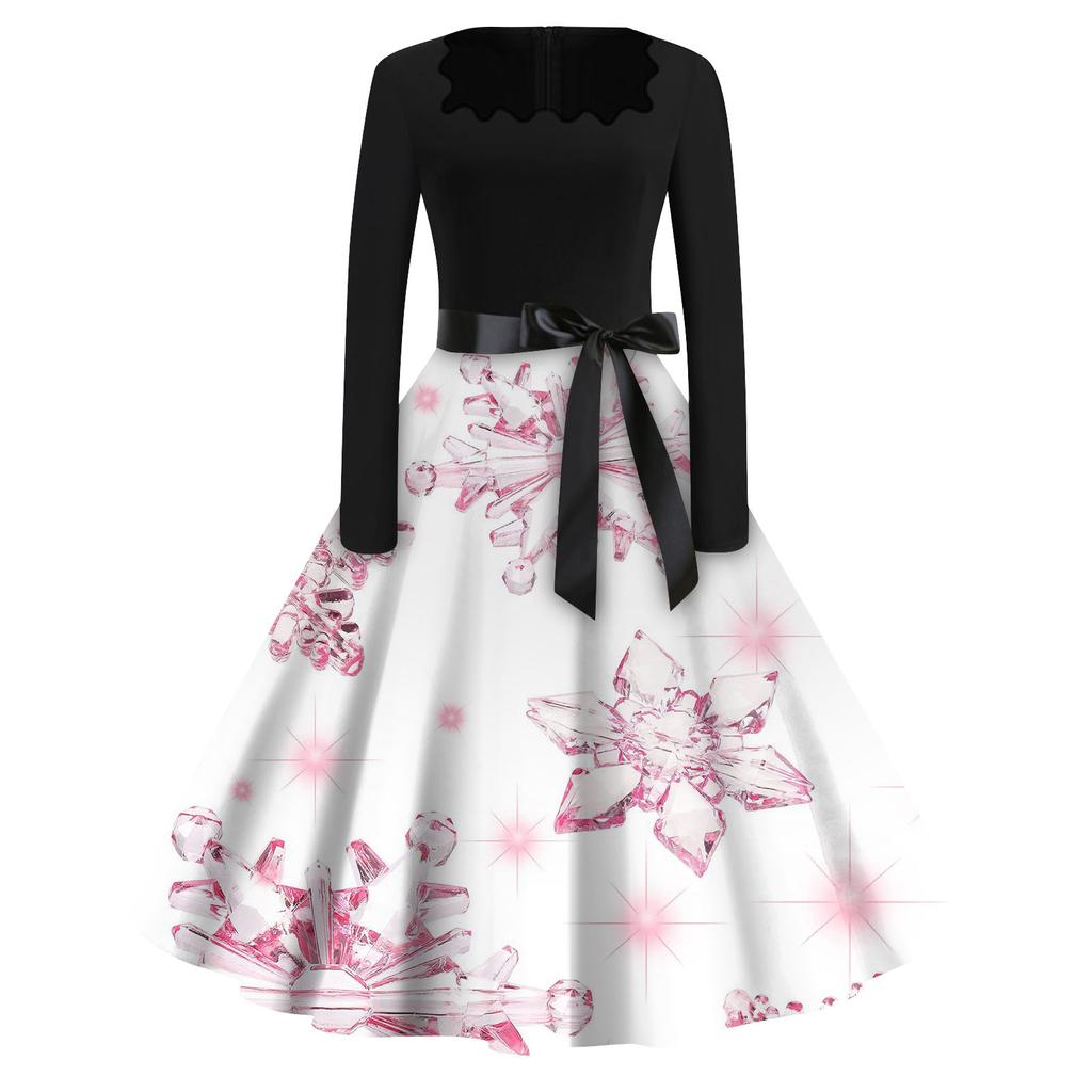 Women's Fashion Square Neck Casual Slim Christmas Printed Long Sleeve Dresses