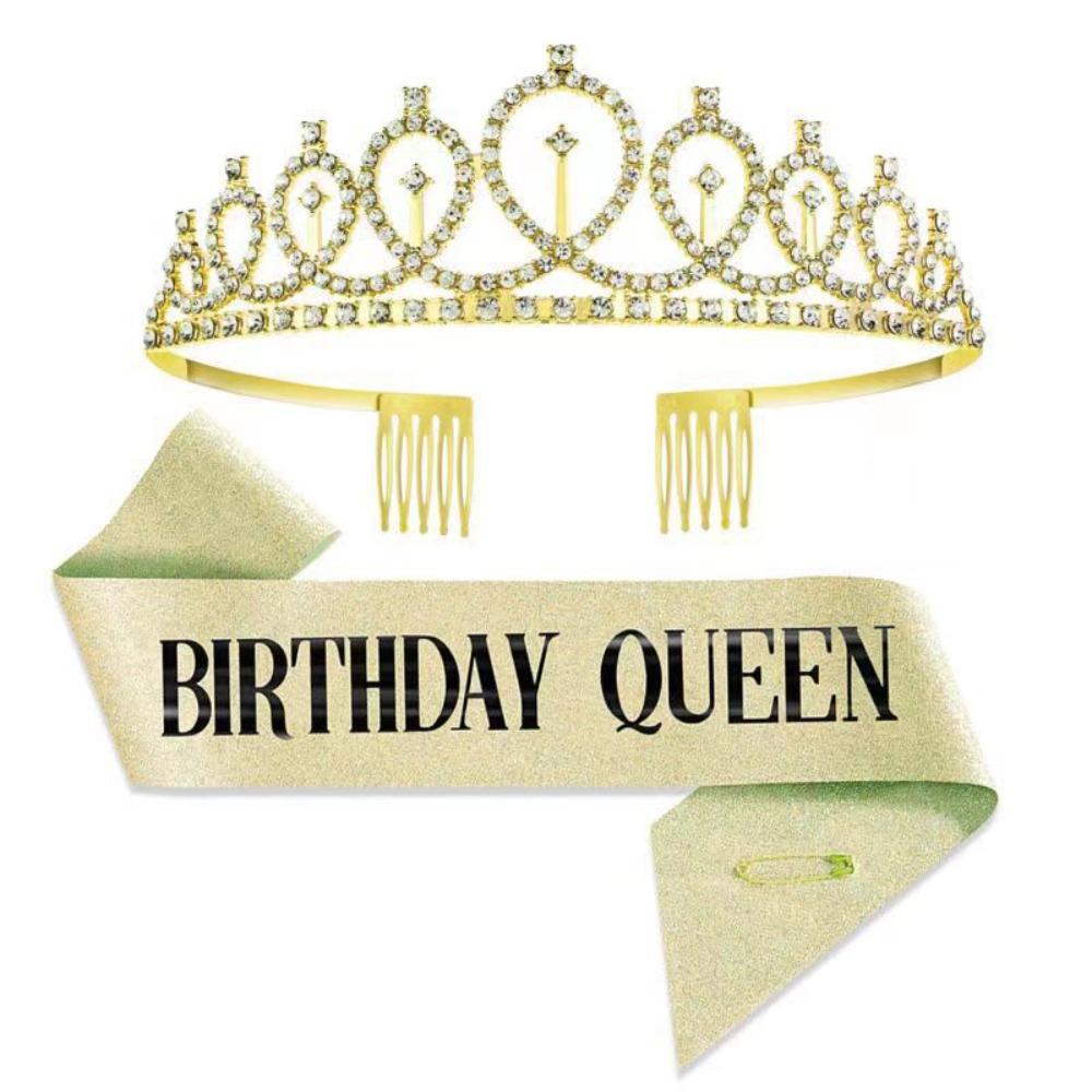 2Pcs/Set Glitter Birthday Tiara Gold Crystal Crown New Birthday Party Crown Sash 18 21 30 40 50th
