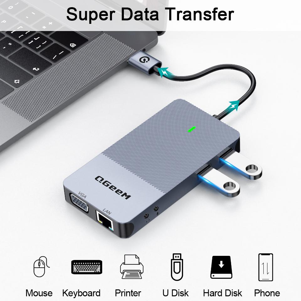 QGeeM Док-станция USB-концентратор 3.0 с тройным дисплеем, двойной HDMI VGA USB-адаптер-разветвитель для ноутбуков Xiaomi USB3.0-концентратор Аксессуары для ПК