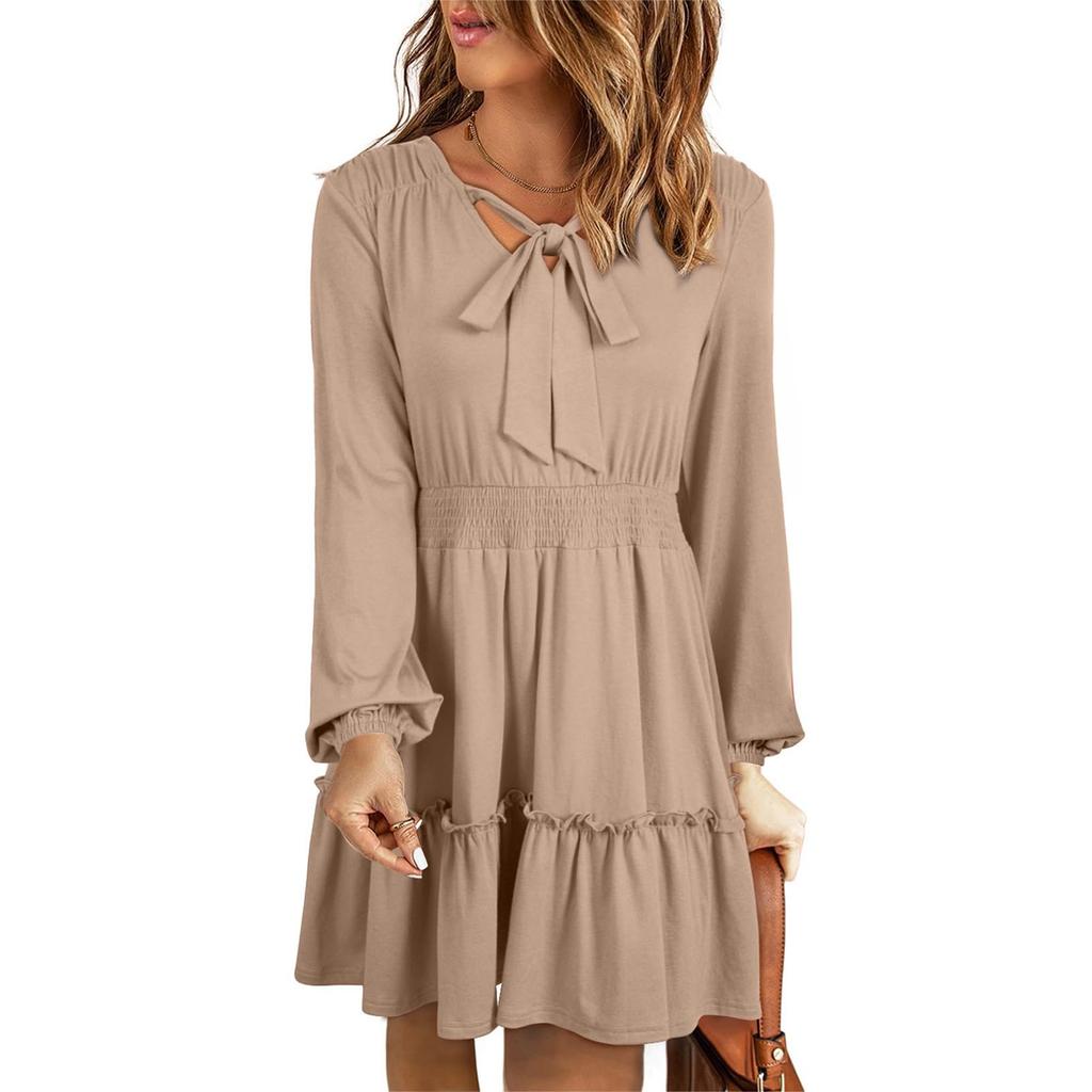 Женские модные свободные повседневные платья с V-образным вырезом и плиссированными оборками и длинным рукавом