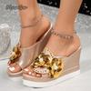 Fashion Women Flower Decor Wedge Sandals Sequins Rhinestone Slip On Open Toe Platform Sandalias Ladies Summer Footwear Sandals Size34 41