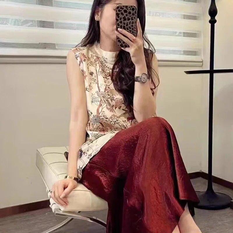 Жилет с винтажным принтом, шелковые топы Mulberry, повседневные свободные безрукавки с круглым воротником, летние женские жилеты-майки 26745