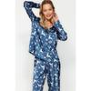 Темно-сине-разноцветный атласный пижамный комплект с новогодней тематикой Thmaw24pt00037