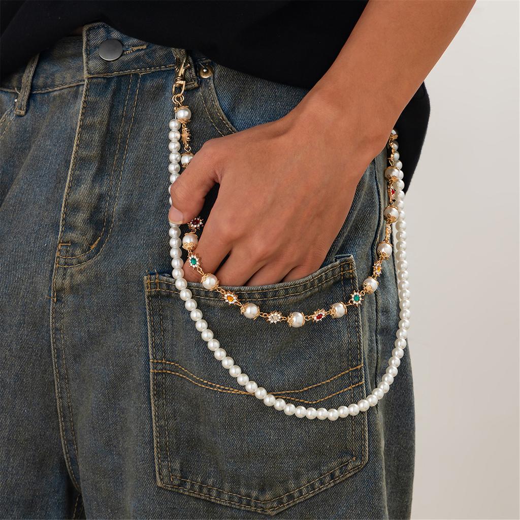 Popular Hipster Waist Chain with Flower Pearl Designs Waist Charm Street Pants Body Chain Trousers Chain Cool Accessory