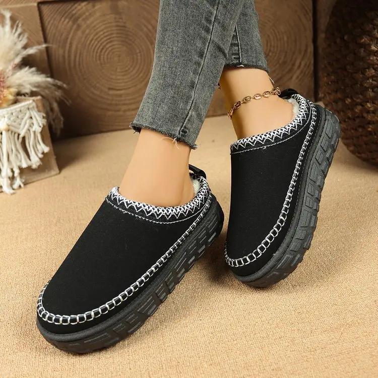 Women's Thick Bottom Snow Boots Fleece Lined Slip-On Slippers Autumn Winter New Style Cotton Plush Clog Slippers