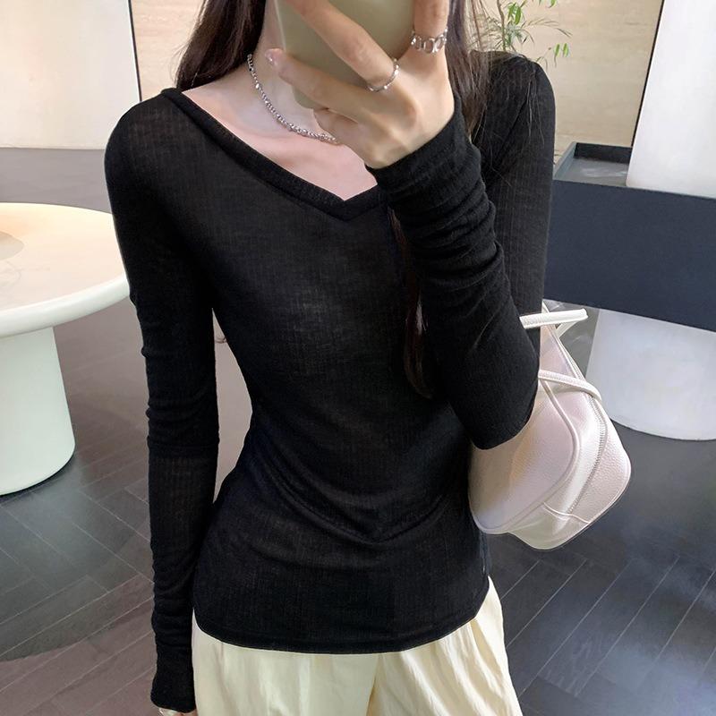 Neck black knitted sunscreen blouse women's micro-transparent air-conditioning shirt summer sexy slim-fit thin top