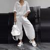 Women's White Casual Hooded Zip-Up Short Sleeve Top with Wide Leg Pants Set