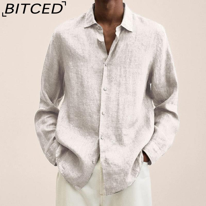 BITCED Кардиган-рубашка на пуговицах с длинным рукавом, свободного кроя, из смесовой хлопково-льняной ткани, для мужчин, на все сезоны